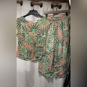 100% Linen Tropical Leaf Print Top and Pants Set
